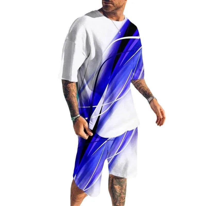 Men's casual short sleeve leisure suit set in mesh cloth polyester showing matching top and shorts