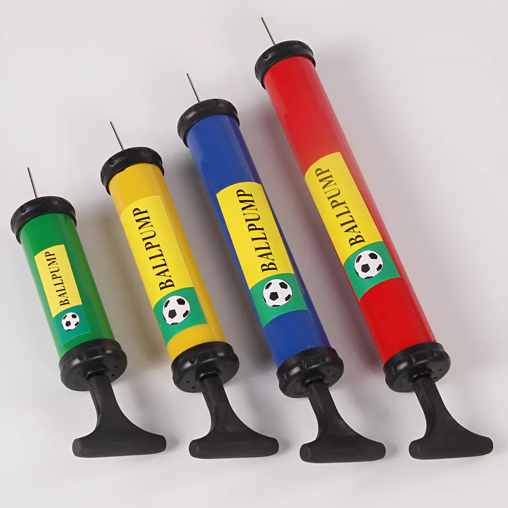 Mixed colour plastic manual hand pump for inflating sports balls and balloons.