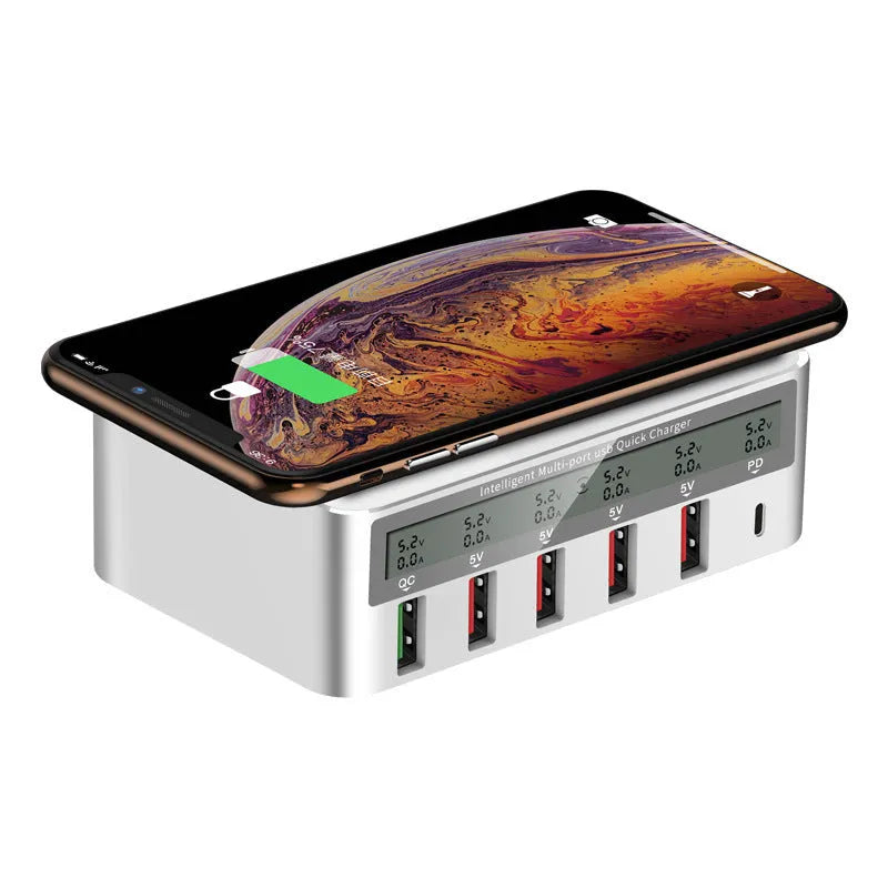 QC30 50W six-port USB desktop charger with optional wireless pad and UK plug.
