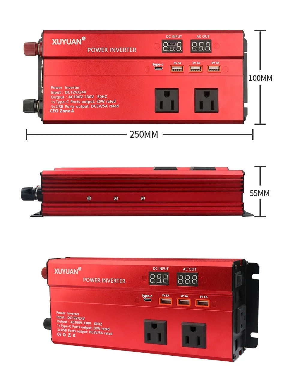 1200W car power inverter with LED display, US outlet, black casing, measuring 26cm x 10cm x 5.5cm