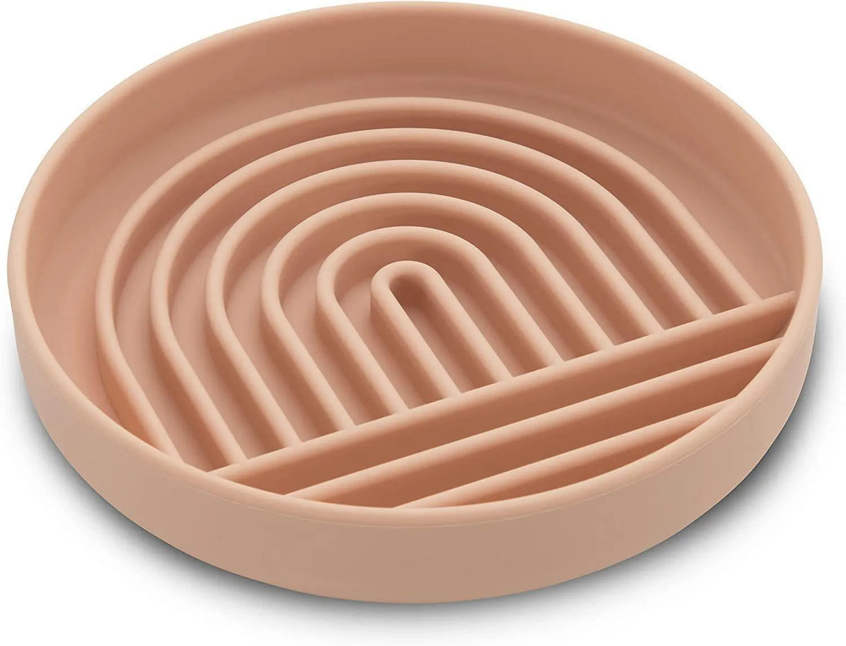 Silicone slow feeder pet bowl for cats and dogs in baby pink, grey, light green, or pink