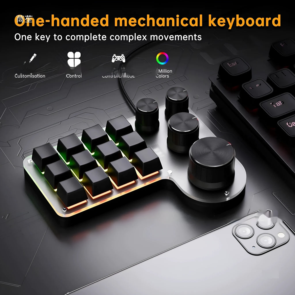 Black 3-die 12-key 4-knob custom mechanical keypad with red switches on desk