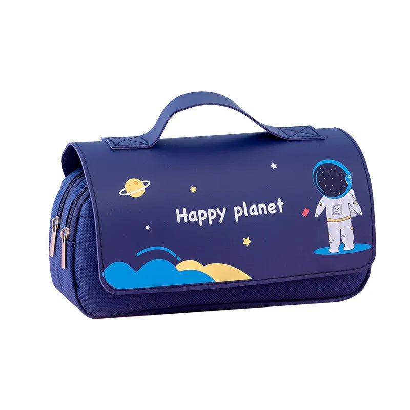 Large-capacity canvas pencil case with hand-painted cartoon pattern, flip-open design, 21x10cm size, available in blue colour