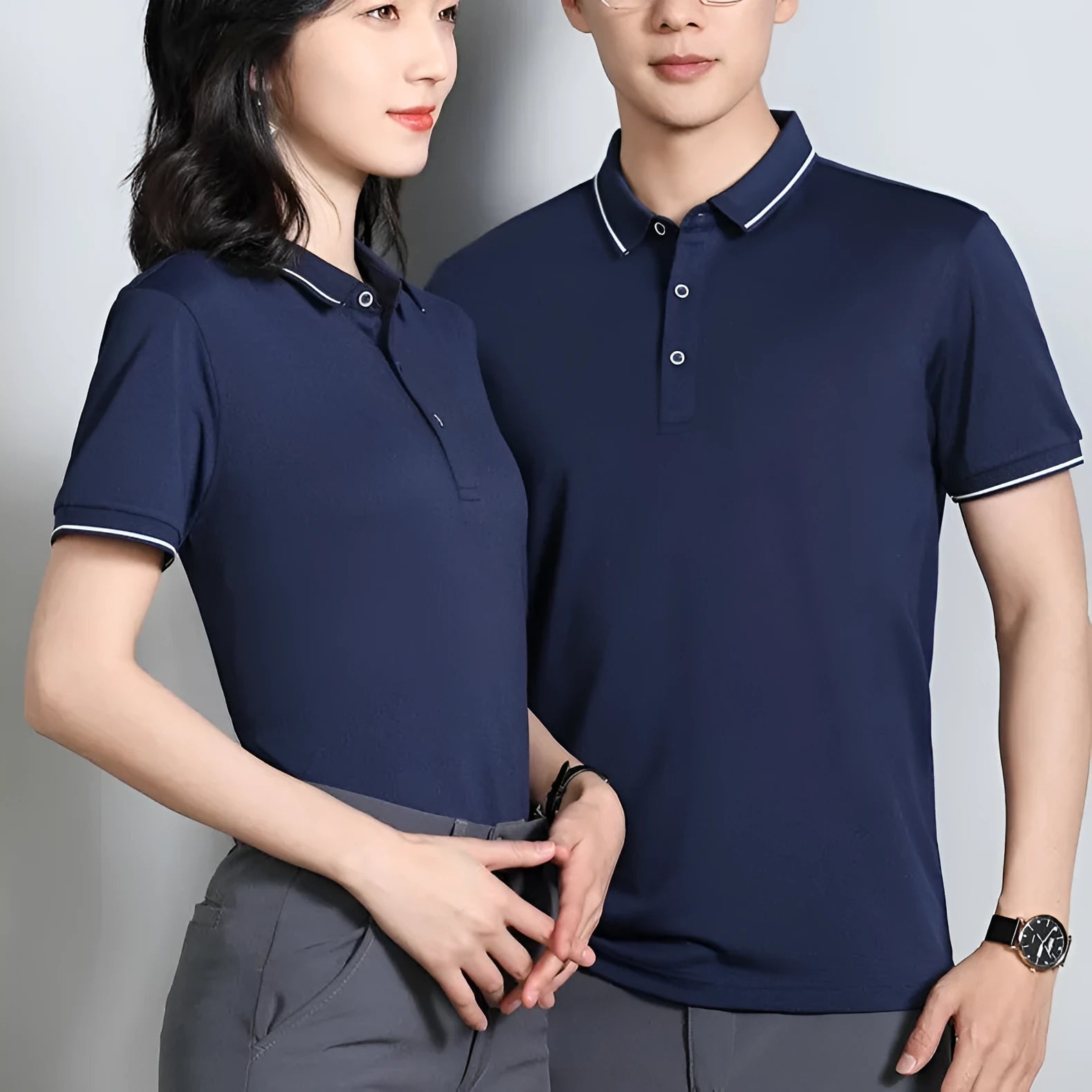 Beautician short-sleeved polo shirt work uniform with asymmetric colour block design in cool silk cotton fabric.