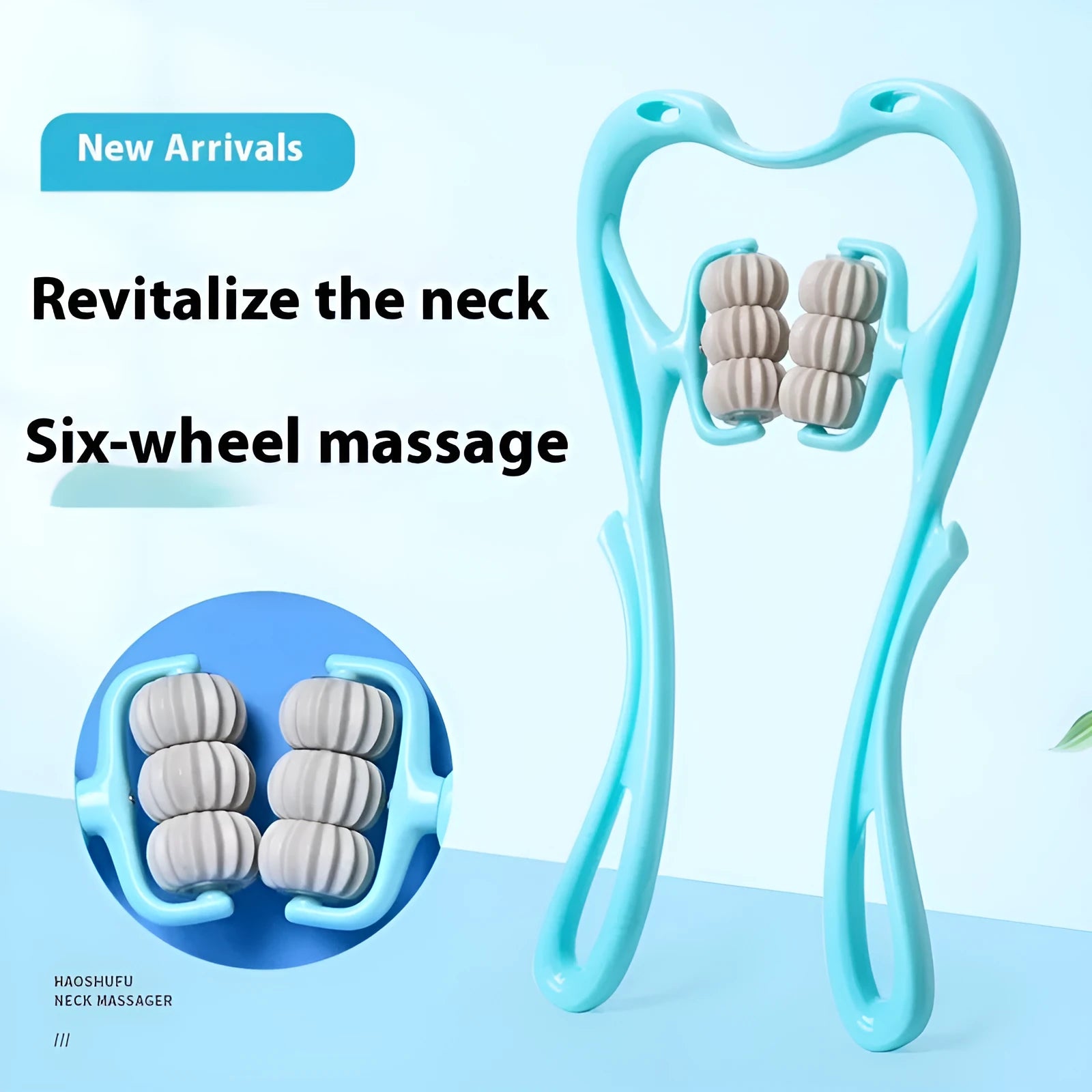 Blue plastic handheld massager with six white rotating wheels for neck and shoulders.