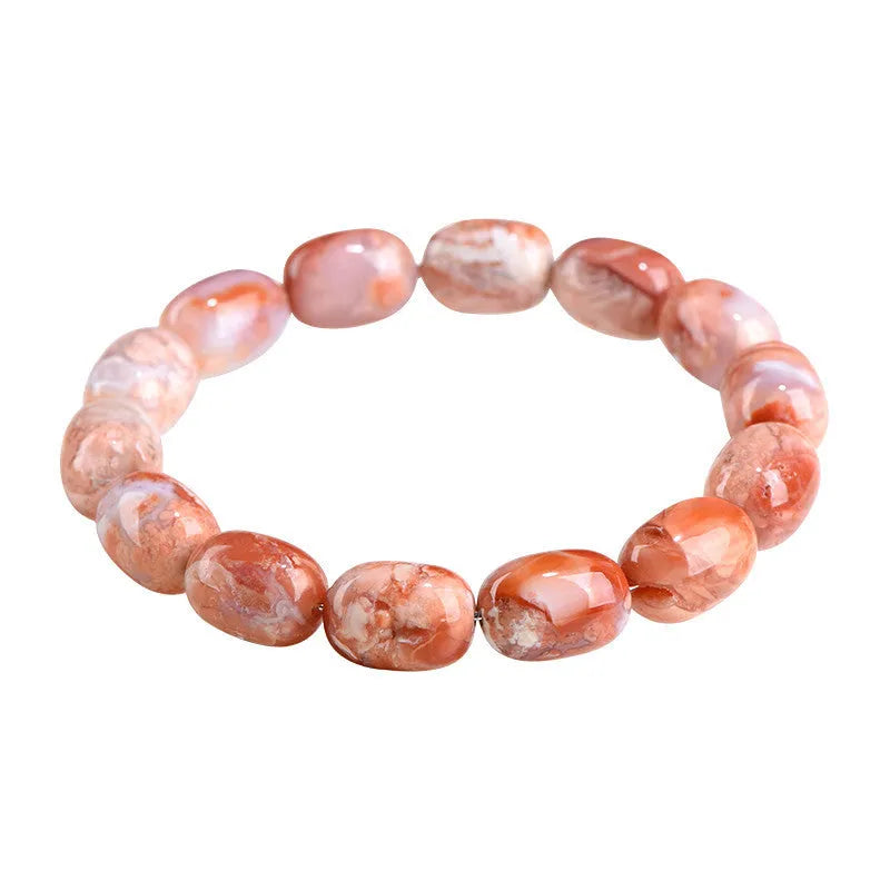 Natural cherry agate barrel shaped bead bracelet with 10x14mm geometry beads and Ruyi design elements