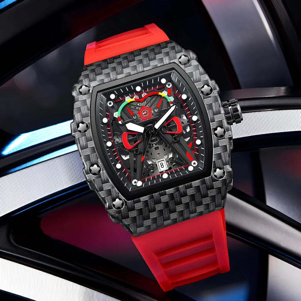 Trendy waterproof luminous men's quartz watch with black alloy case and stainless steel back, displayed on a white background