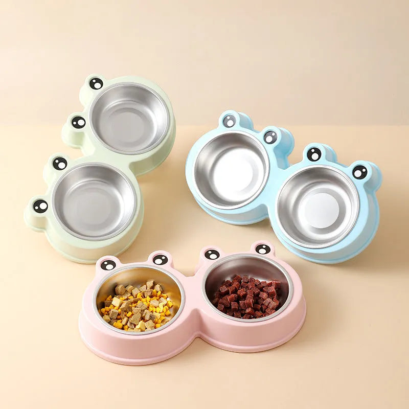 Stainless steel pet double bowl for food and water in blue, green, or pink.