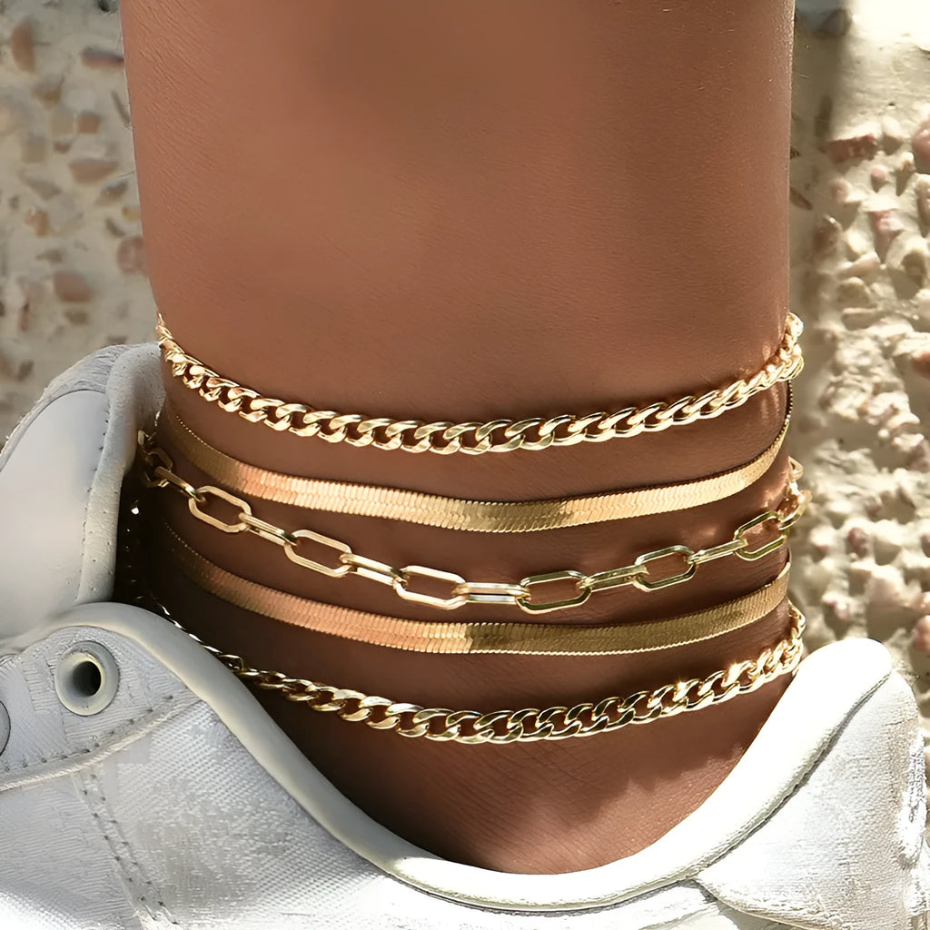 Women's multi-layer metal chain anklet set in gold and silver colour options on display