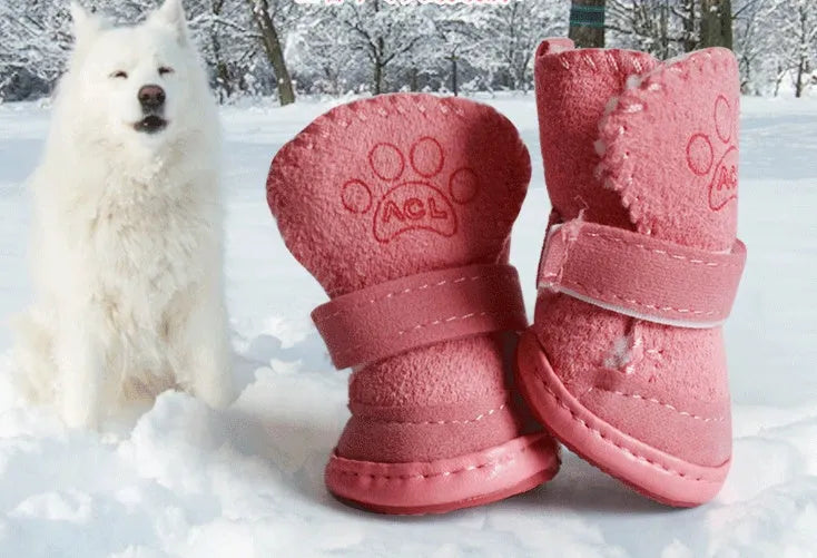 Set of 4 khaki and pink velvet dog boots with lambskin look, sizes 1 to 5 for small dogs
