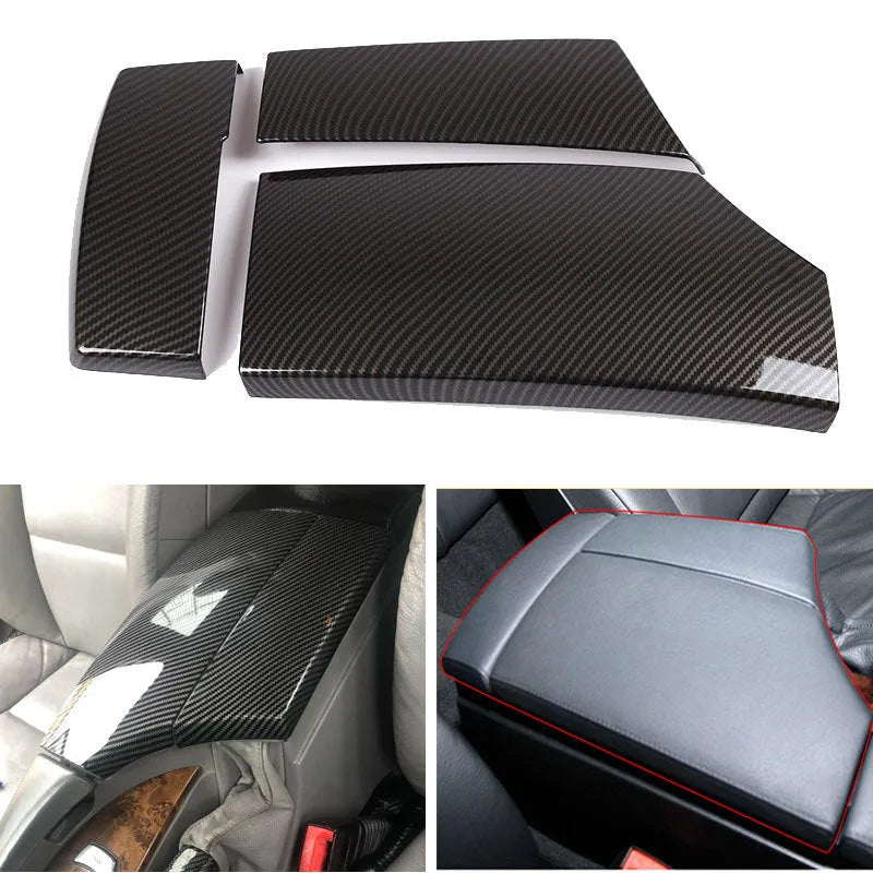 Three black ABS car armrest protective covers with a shiny diagonal carbon fibre weave pattern.