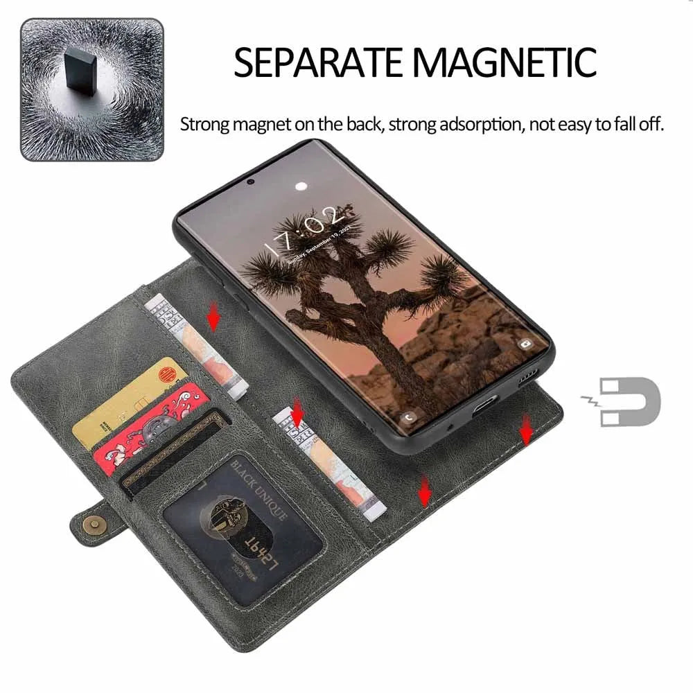 Multi-card leather crazy horse pattern magnetic suction phone case for Samsung with card slots and lanyard, black colour