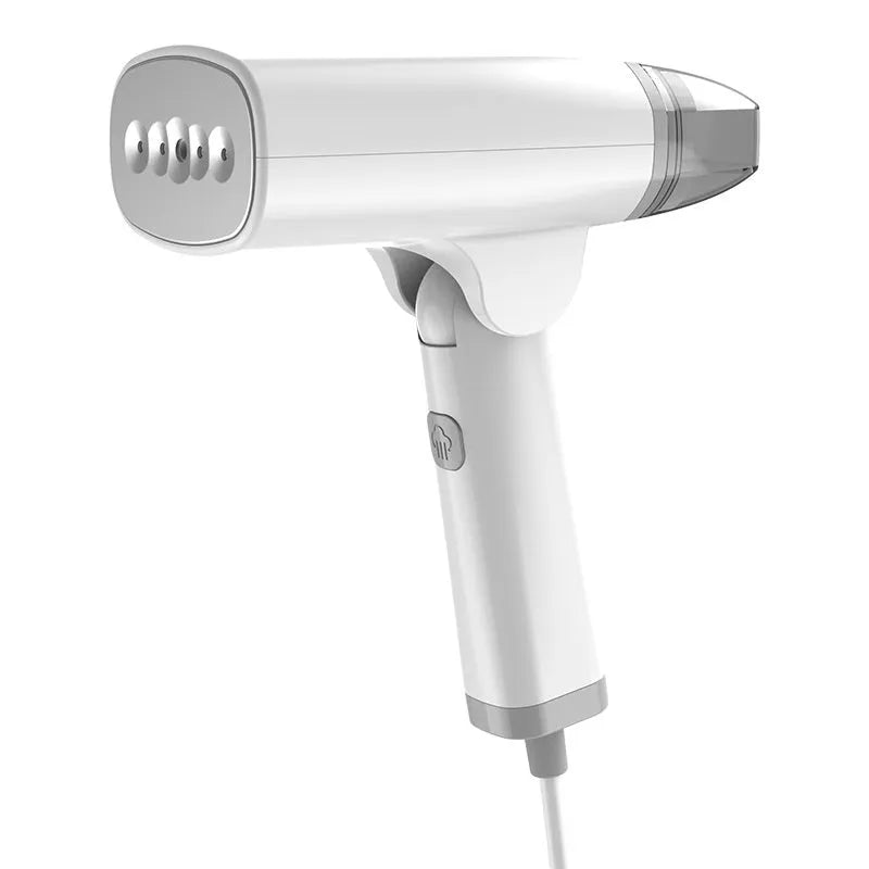 Blue handheld garment steamer with water tank and temperature control dial