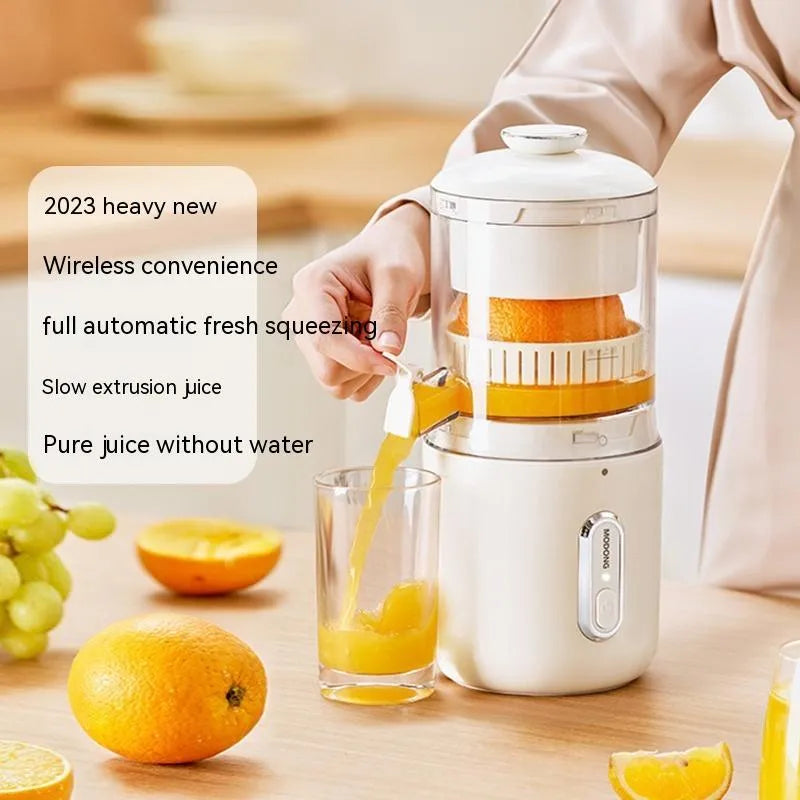 Fresh green portable wireless electric juicer with USB charging port on a kitchen counter.