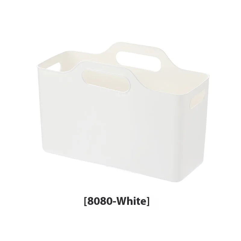 White PE plastic laundry detergent storage box with handle on a clean surface