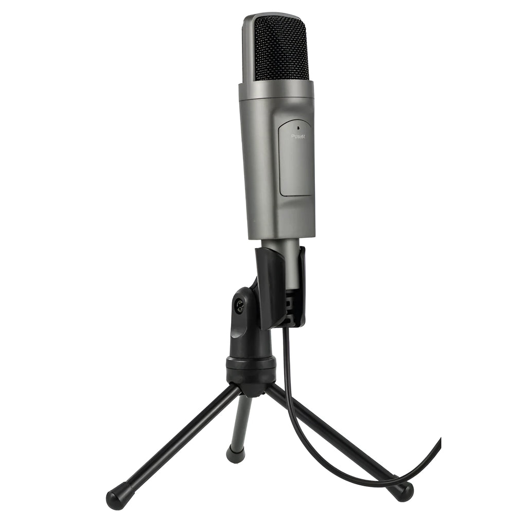 USB condenser microphone in black with omnidirectional pickup for desktop live recording and streaming