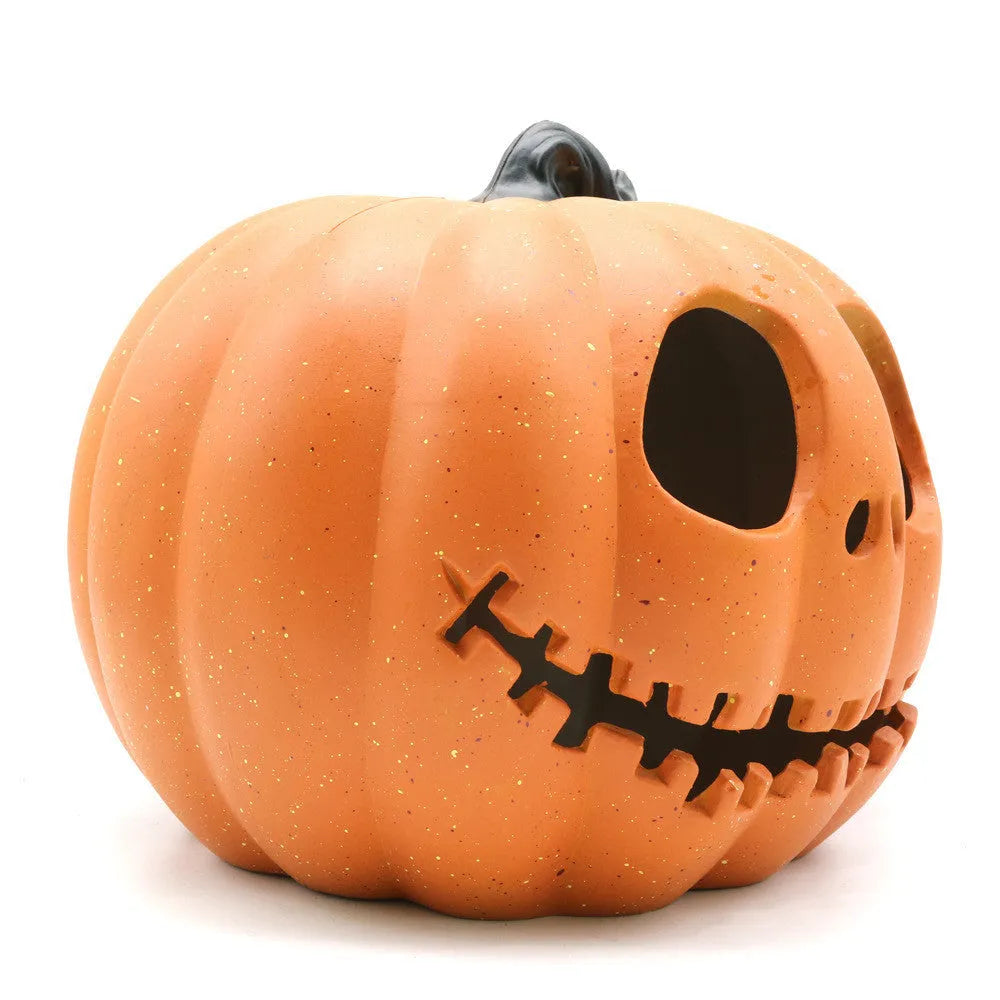 Halloween skull hooded pumpkin lantern in yellow, 23x19cm, hollow out design, resin with electronic component