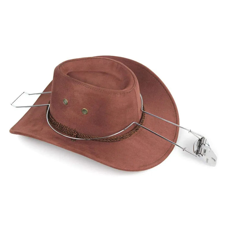 Brown chrome-plated metal free-standing hat and coat rack.