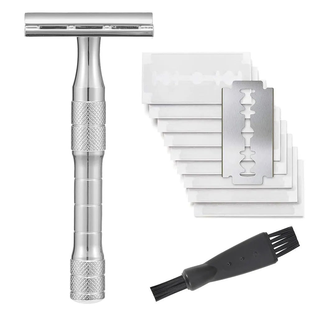 Old style manual double-sided safety razor with chrome alloy handle and 10 replacement blades on a towel.