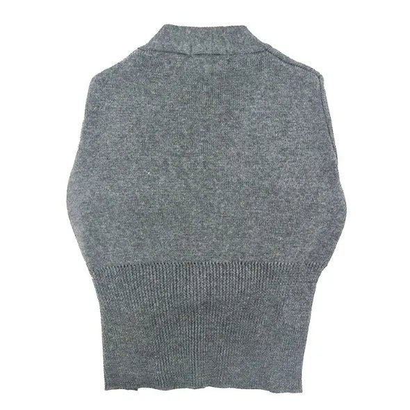 Cat knitted sweater in grey with size chart showing chest and length measurements for S to XXL