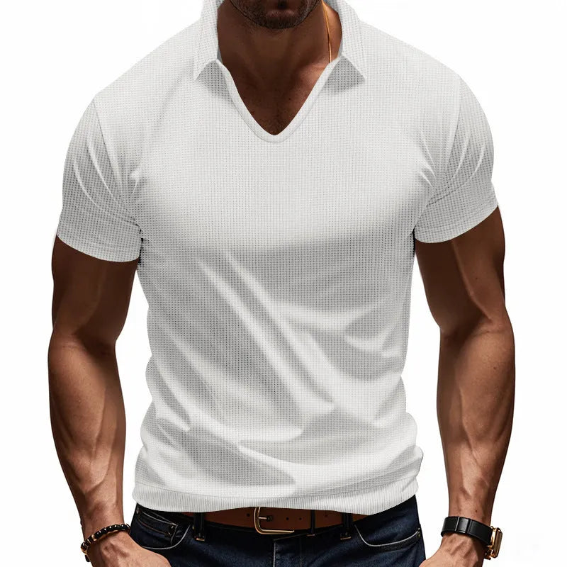 Men's loose fit solid colour V-neck short sleeve t-shirt on a hanger.