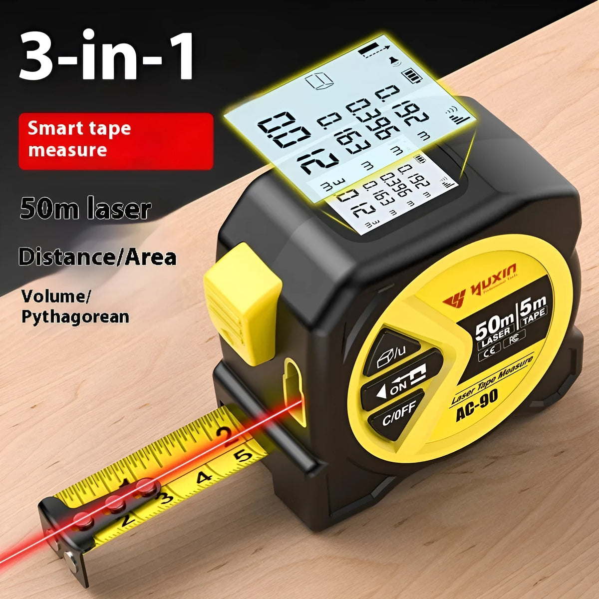 Three-in-one laser tape measure with 50m range, ABS TPR body, and rechargeable lithium battery