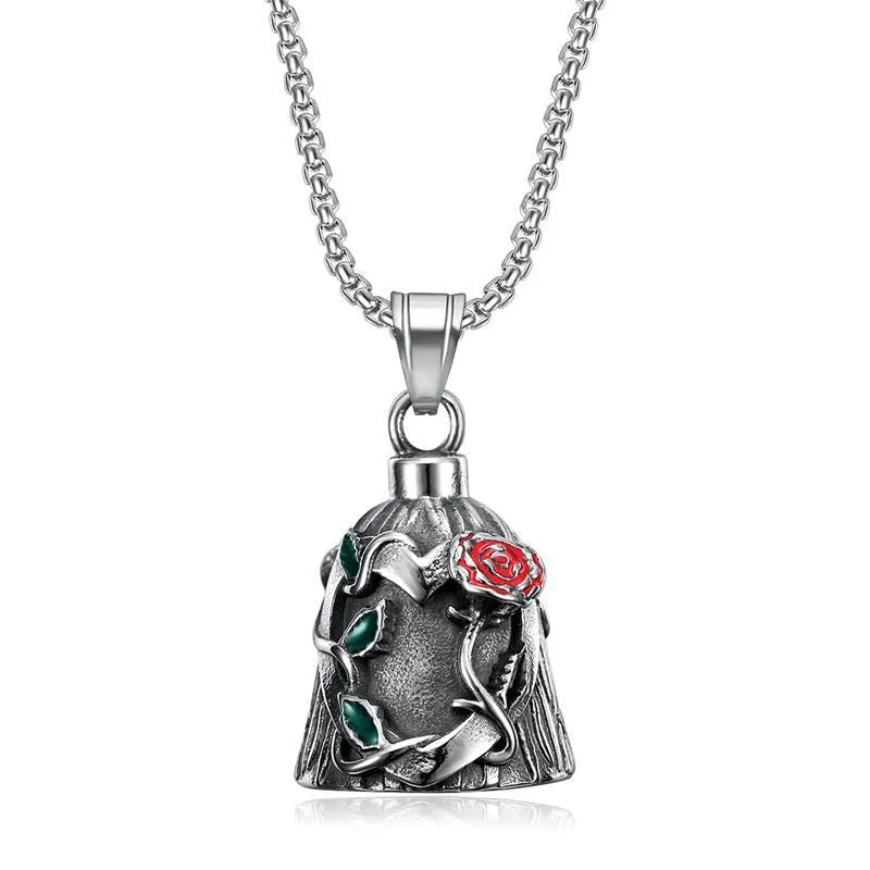Titanium steel motorcycle riding lucky bell with polished vintage finish and double-sided epoxy rose design