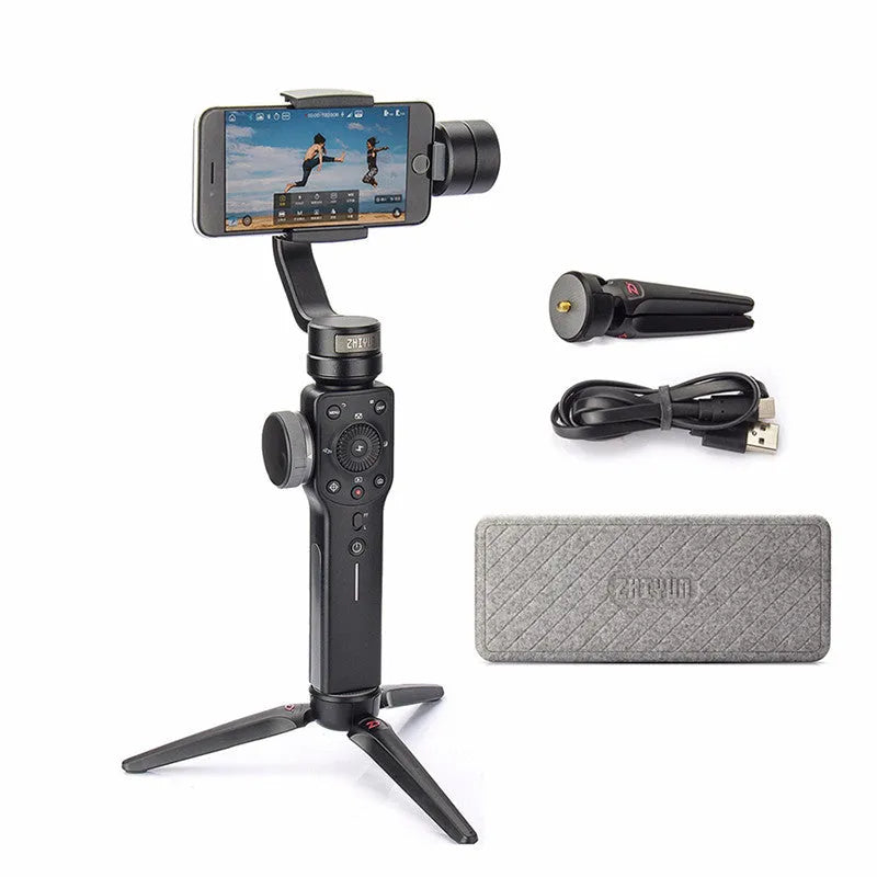 Black handheld mobile phone gimbal stabilizer on a table, made from ABS plastic.