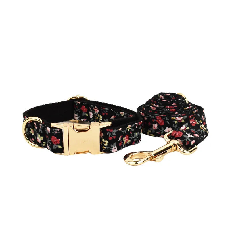 Four-piece removable bow lettering printed pet collar set showing dog collar, leash, bow, and vest in a chosen colour.