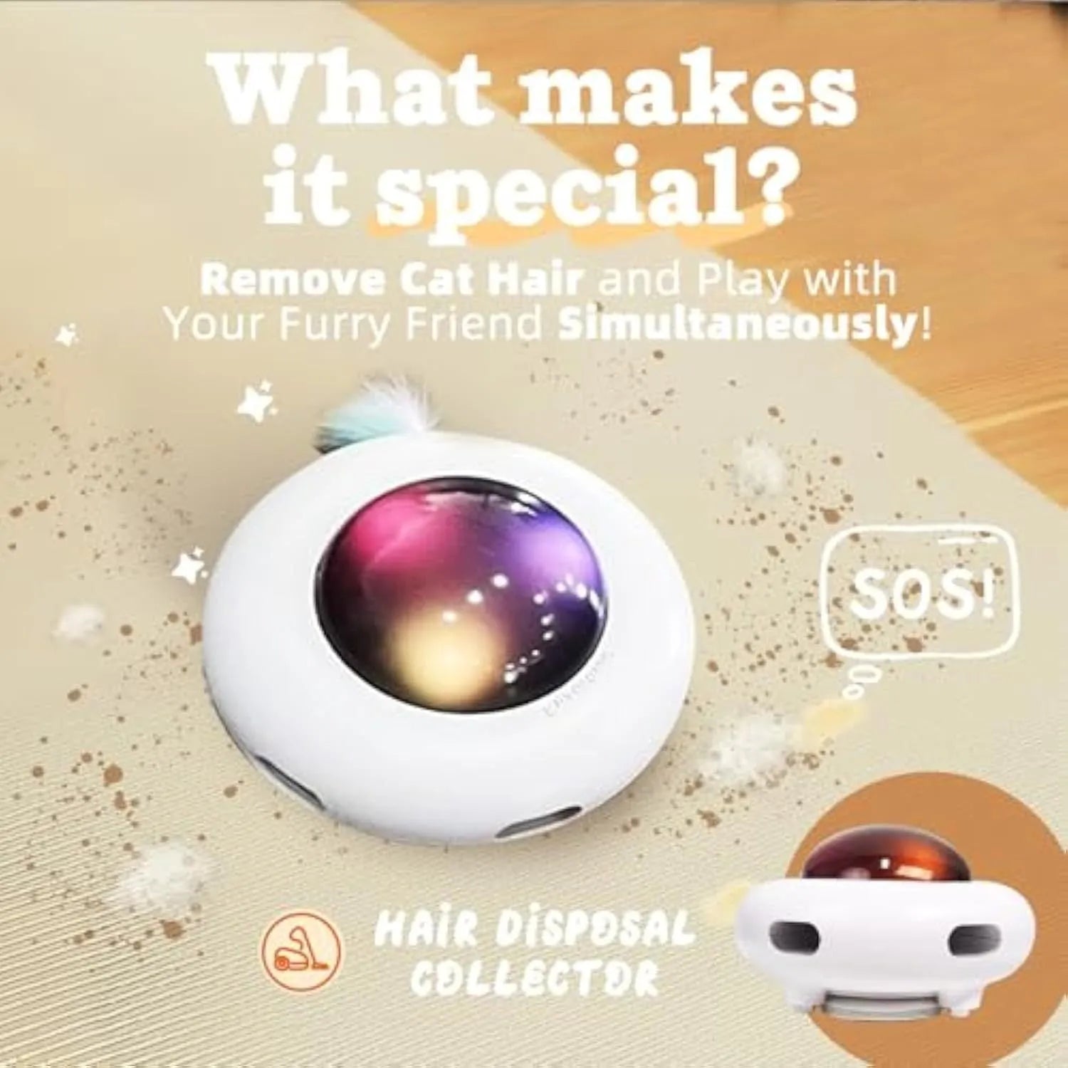 White automatic cat toy with colourful feathers and LED lights for indoor feline entertainment