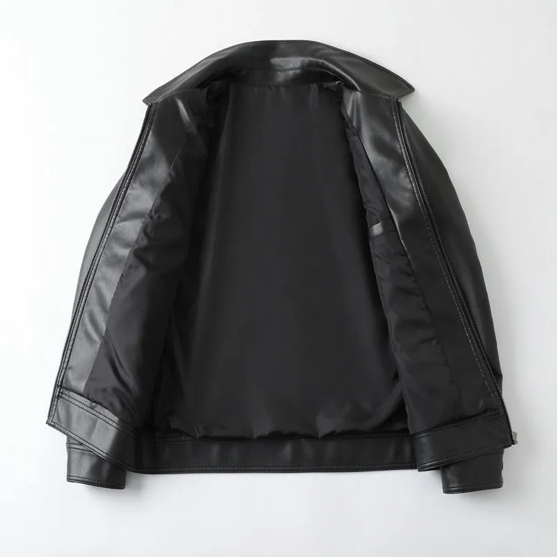 Men's black loose fit PU leather casual jacket with zipper pockets