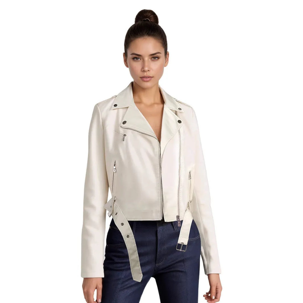 Women's black PU leather motorbike jacket with a lapel collar and waist belt.