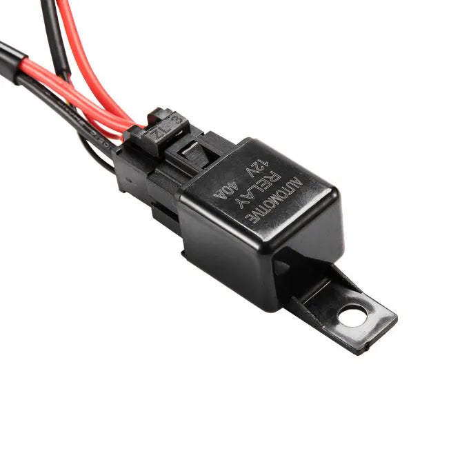 Black off road LED spotlight wiring harness with integrated switch and connectors for vehicle lighting installation