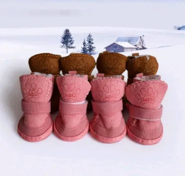 Set of 4 khaki and pink velvet dog boots with lambskin look, sizes 1 to 5 for small dogs