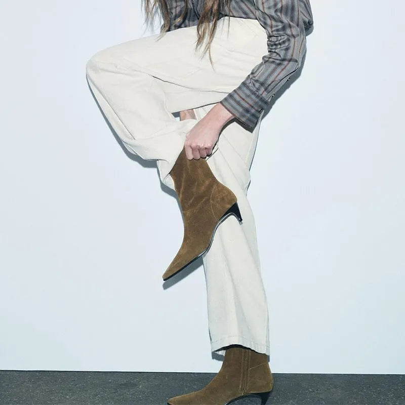 Brown retro square toe kitten heel mid-calf boots with a side zip on a white background