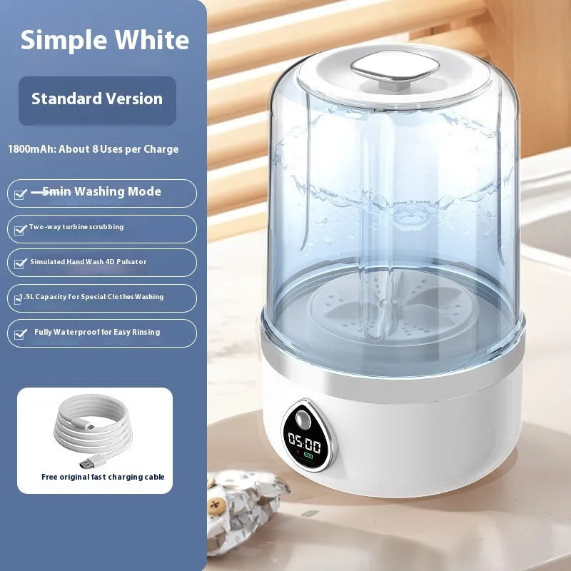 White portable mini washing machine with USB cable on a countertop, showing compact size.