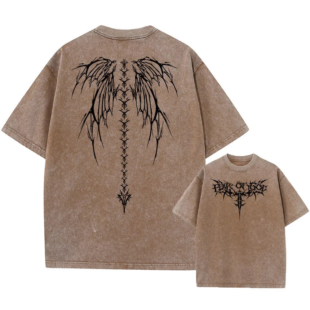 Loose-fit oversized men's cotton T-shirt with drop-shoulder short sleeves on a hanger.