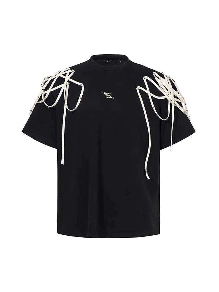 Black loose fit short-sleeved T-shirt with padded shoulders and rivet ribbon trim.