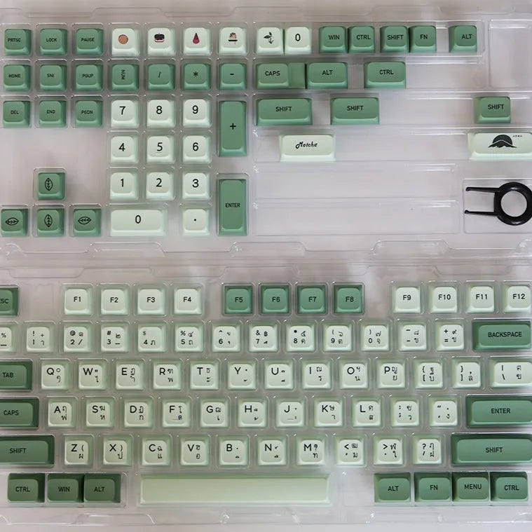 Set of 124 matcha green PBT keycaps with white legends for a mechanical keyboard