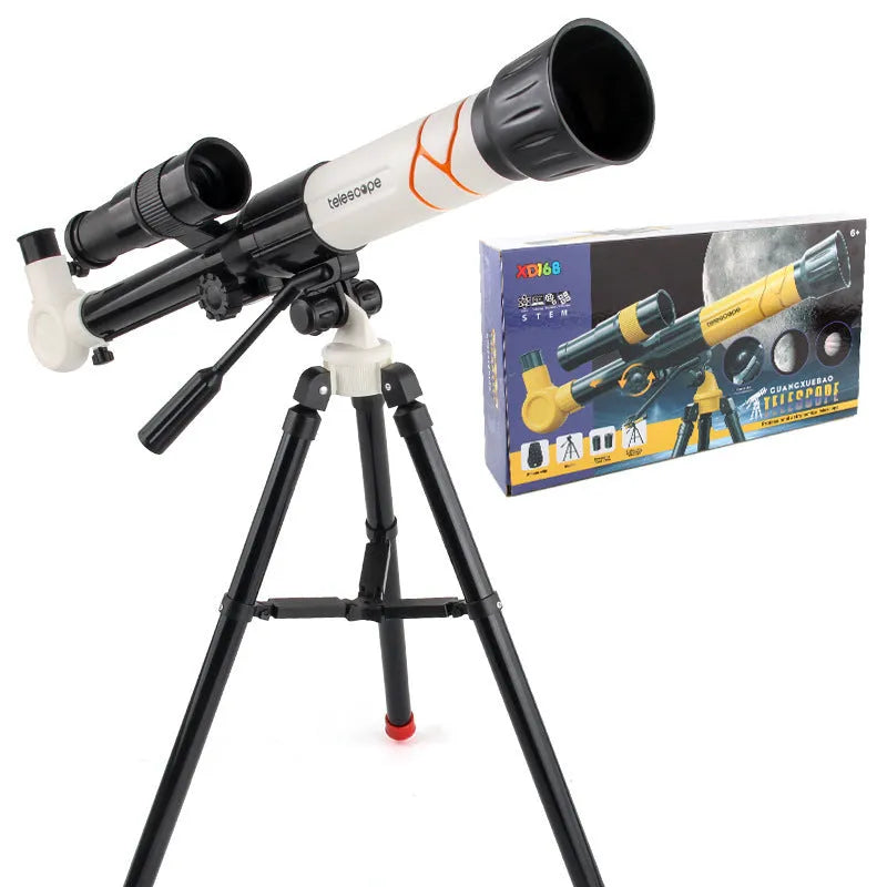 White or yellow plastic astronomical telescope with tripod for kids astronomy