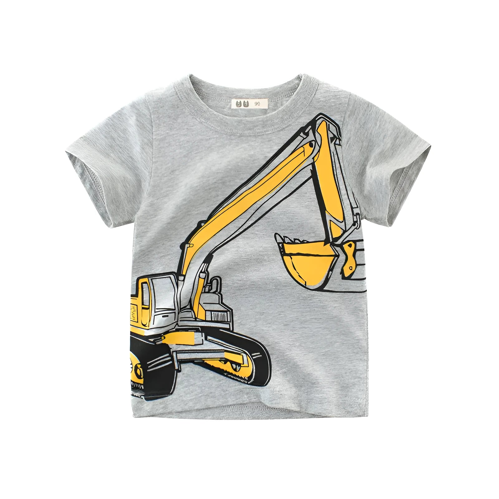 Soft grey children's short sleeve cotton t-shirt with cartoon pattern, round neck, Korean style.