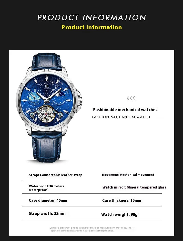Men's blue dial automatic mechanical watch with a stainless steel bracelet on wrist.