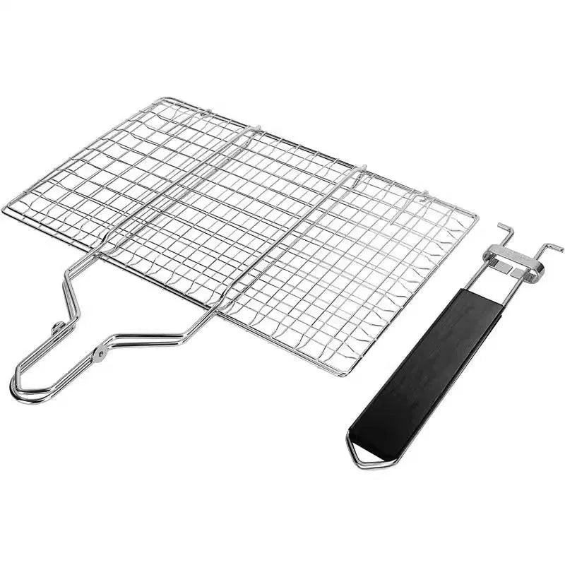 Square stainless steel folding barbecue grill mesh basket with a cleaning brush.