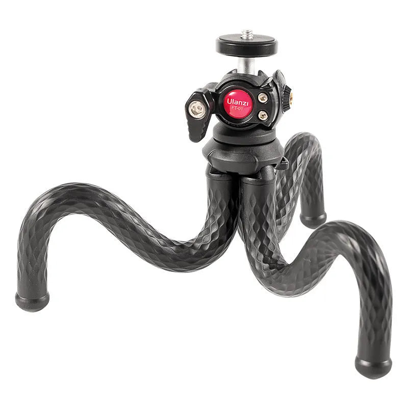 Black flexible octopus tripod with phone clip, extended to 360mm length.