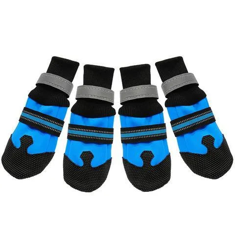 BIBSS waterproof dog boots for large dogs in blue with non-slip rubber sole and reflective velcro straps, set of 4 pieces