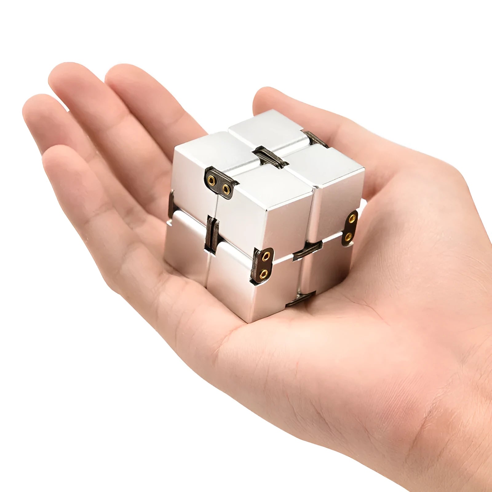 Zinc alloy infinity cube fidget toy showing rotating cube mechanism in metallic finish