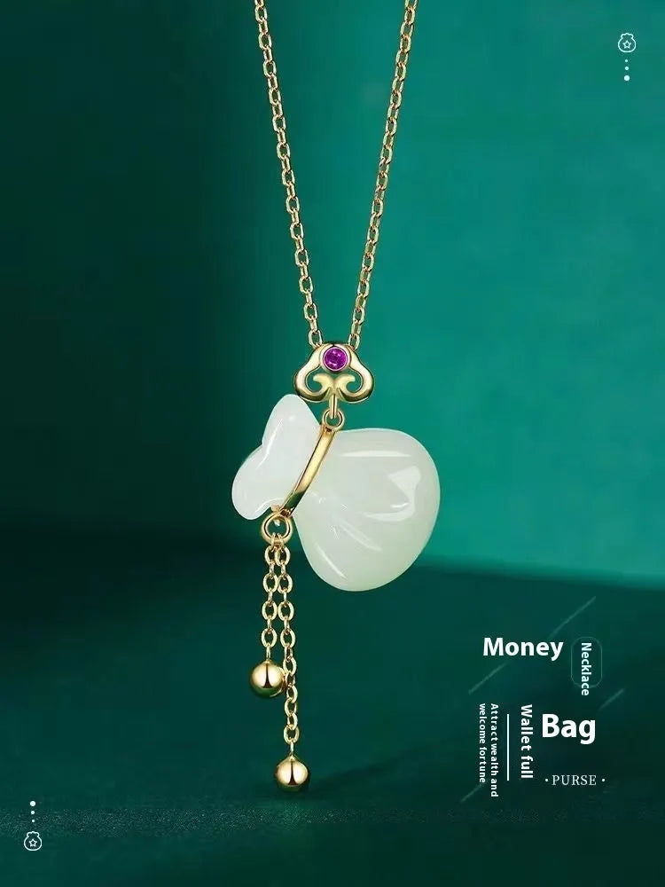 Silver plated money bag pendant necklace with red dot tassel purse on alloy chain, national style lucky bag charm
