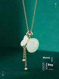 Silver plated money bag pendant necklace with red dot tassel purse on alloy chain, national style lucky bag charm