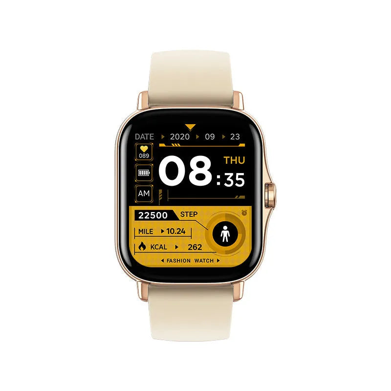 GT20 smart Bluetooth watch with alloy case and silicone strap showing heart rate monitoring on screen.