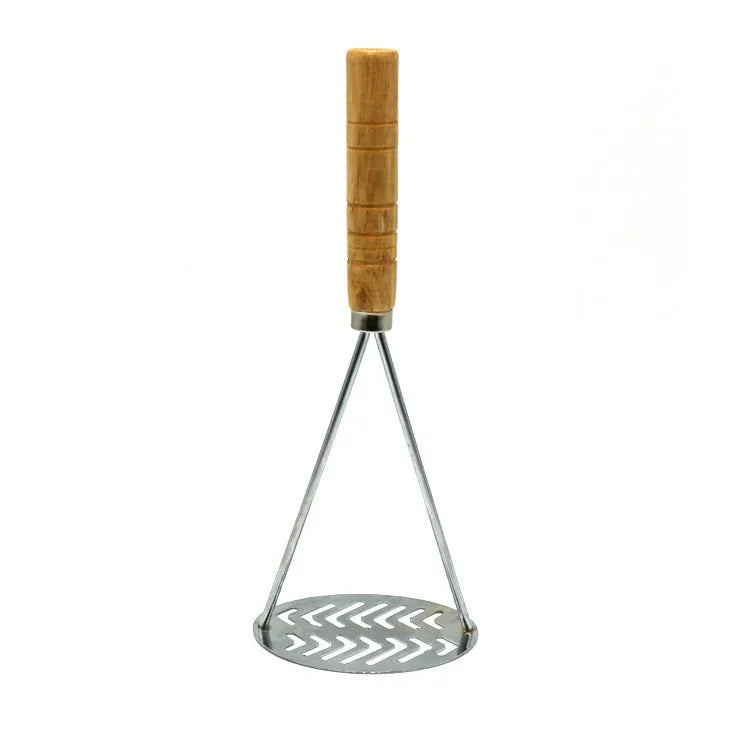 Manual potato masher with flower-shaped iron plated head and wooden handle on white background